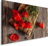 Schilderij - Wilde klaprozen op hout (print op canvas), premium print