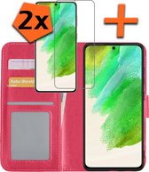 Samsung Galaxy S21 FE Hoesje Bookcase Met 2x Screenprotector - Samsung S21 FE 2x Screenprotector - Samsung Galaxy S21 FE Book Case Met 2x Screenprotector Donker Roze