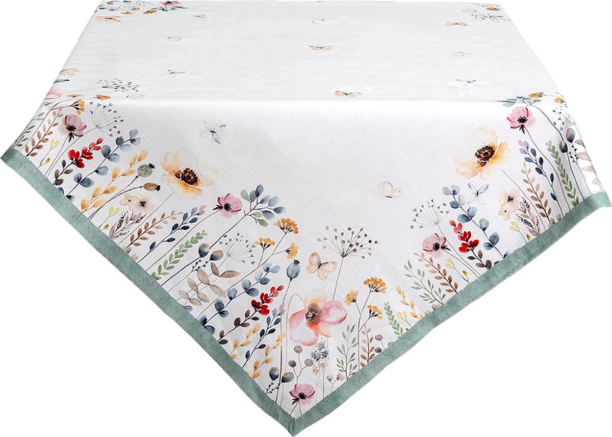 Clayre & Eef Tafelkleed 150x150 cm Wit Groen Katoen Vierkant Bloemen Tafellaken