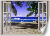 Trend24 - Behang - Raam Met Uitzicht Op Tropisch Strand - Behangpapier - Fotobehang Natuur - Behang Woonkamer - 210x150 cm - Incl. behanglijm