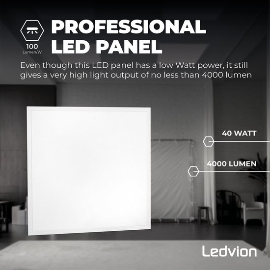 Ledvion LED Panel 60x60, 36W, 4000 Kelvin, 4000 Lumen |125lm/W), Inbouwarmatuur voor rasterplafonds, LED driver met snelconnector, 5 jaar garantie, Voor kantoren - LEDVION