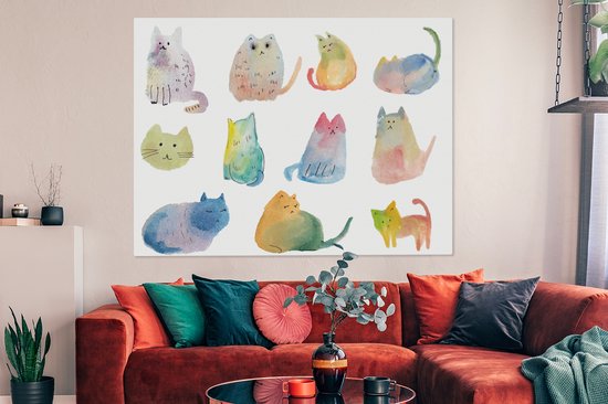 Canvas schilderij 160x120 cm - Wanddecoratie Katten - Illustratie - Kleuren - Muurdecoratie woonkamer - Slaapkamer decoratie - Kamer accessoires - Schilderijen