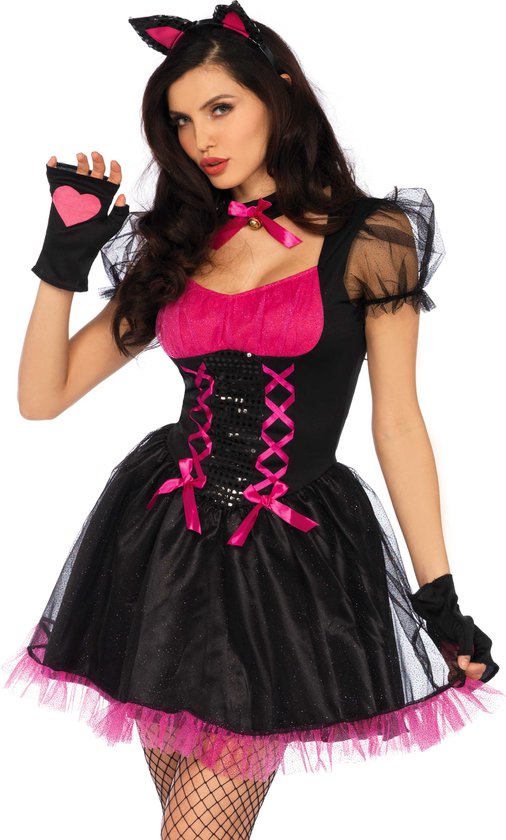 LEG-AVENUE - Sexy zwart en roze katten kostuum voor vrouwen - L - Volwassenen kostuums