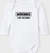 Baby Rompertje met tekst 'Warning i am teething' |Lange mouw l | wit zwart | maat 50/56 | cadeau | Kraamcadeau | Kraamkado