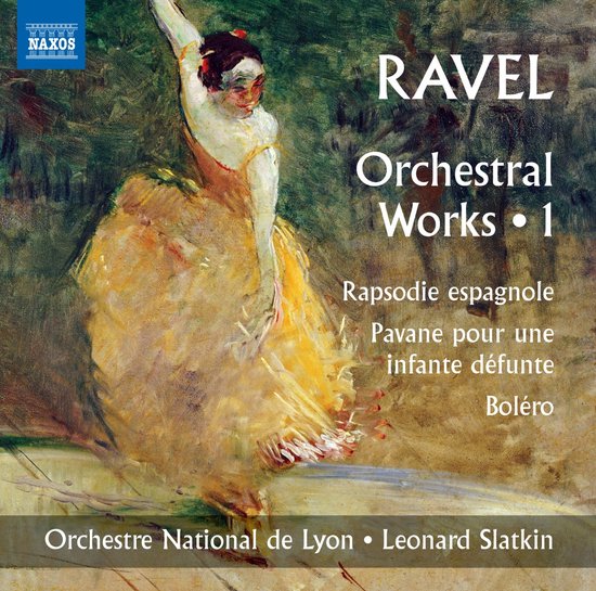 Een ballerina in een gele jurk, dansend. Boven de jurk staat Ravel Orchestral Works 1.