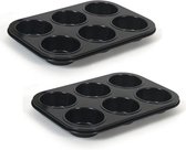 Set van 2x stuks muffin bakvorm/bakblik rechthoek 27 x 19 x 3 cm zwart voor 12 stuks