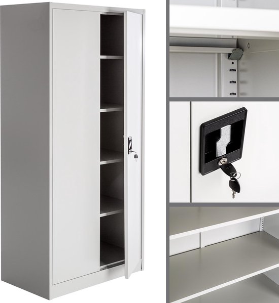Lichtgrijze metalen archiefkast met deuren deels open en details van het interieur, zoals planken en slot.