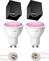 Pragmi Luxina Pro - Opbouw Vierkant - Mat Zwart - Verdiept - Kantelbaar - 90mm - Philips Hue - Opbouwspot Set GU10 - White and Color Ambiance - Bluetooth