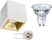 Opbouwspot Set - Pragmi Cliron Pro - GU10 Fitting - Opbouw Vierkant - Mat Wit/Goud - Verdiept - 90mm - Philips - SceneSwitch 827 36D - 1.5W-5W - Warm Wit 2200K-2700K - Dimbaar - BES LED
