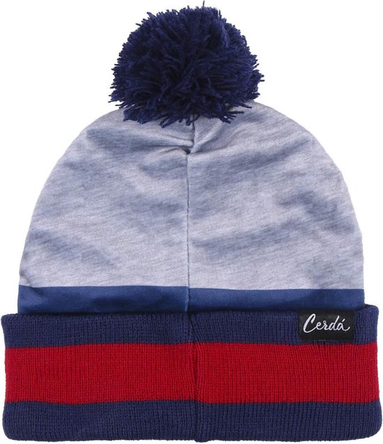 Grijs met een donkerblauwe pompon, met een bordeauxrode en donkerblauwe streep op de omslag. Merknaam 'Cerdá' in witte letters.