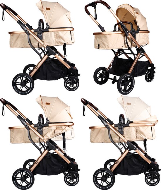 Collage van beige combi kinderwagens met goudkleurig frame.