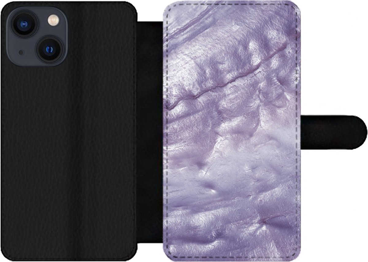 Telefoonhoesje Geschikt voor iPhone 13 Mini telefoonhoesje - Parelmoer - Natuursteen - Paars - Met vakjes - Wallet case met magneetsluiting