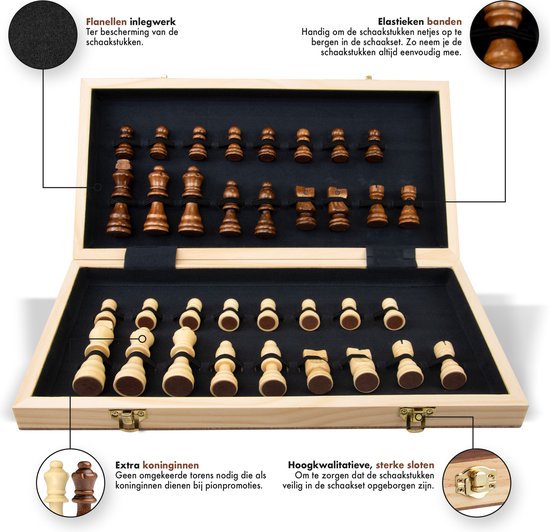 Schaakbord met Staunton Schaakstukken – 2 EXTRA Koninginnen – Inclusief E-book met Schaakregels - Houten Handgemaakte Schaakset/Schaakspel voor Volwassenen – Groot Formaat van 38x38cm - Chess Board/Set - Merkloos