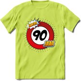 90 Jaar Hoera Verkeersbord T-Shirt | Grappig Verjaardag Cadeau | Dames - Heren | - Groen - S