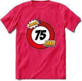 75 Jaar Hoera Verkeersbord T-Shirt | Grappig Verjaardag Cadeau | Dames - Heren | - Roze - XL