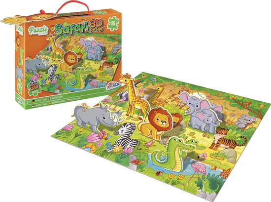 Grafix 3D puzzel Safari | Legpuzzel voor kinderen | 55 puzzelstukjes + 5 3D stukjes | puzzelen vanaf 3 jaar