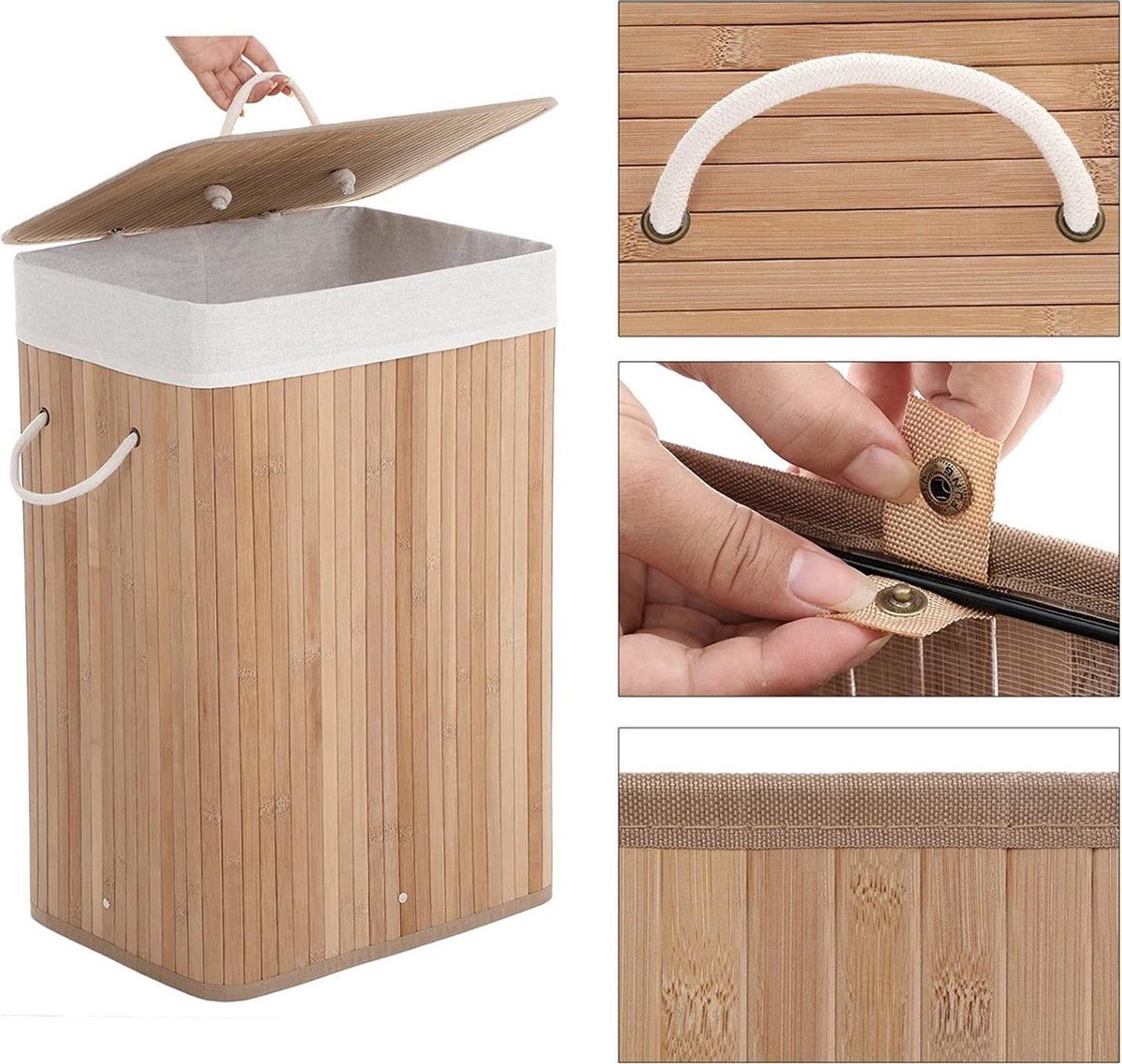Bamboe wasmand met katoenen zak, handvaten en deksel, 72 liter- afm. 40 x 30 x 60 cm
