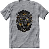 Wolf - Dieren Mandala T-Shirt | Geel | Grappig Verjaardag Zentangle Dierenkop Cadeau Shirt | Dames - Heren - Unisex | Wildlife Tshirt Kleding Kado | - Donker Grijs - Gemaleerd - M