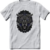 Wolf - Dieren Mandala T-Shirt | Donkerblauw | Grappig Verjaardag Zentangle Dierenkop Cadeau Shirt | Dames - Heren - Unisex | Wildlife Tshirt Kleding Kado | - Licht Grijs - Gemaleer