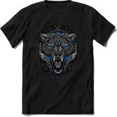 Wolf - Dieren Mandala T-Shirt | Blauw | Grappig Verjaardag Zentangle Dierenkop Cadeau Shirt | Dames - Heren - Unisex | Wildlife Tshirt Kleding Kado | - Zwart - XL