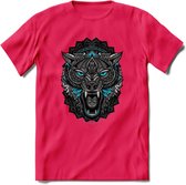 Wolf - Dieren Mandala T-Shirt | Lichtblauw | Grappig Verjaardag Zentangle Dierenkop Cadeau Shirt | Dames - Heren - Unisex | Wildlife Tshirt Kleding Kado | - Roze - XL