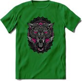 Wolf - Dieren Mandala T-Shirt | Roze | Grappig Verjaardag Zentangle Dierenkop Cadeau Shirt | Dames - Heren - Unisex | Wildlife Tshirt Kleding Kado | - Donker Groen - 3XL