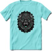 Leeuw - Dieren Mandala T-Shirt | Aqua | Grappig Verjaardag Zentangle Dierenkop Cadeau Shirt | Dames - Heren - Unisex | Wildlife Tshirt Kleding Kado | - Licht Blauw - L