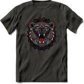 Beer - Dieren Mandala T-Shirt | Rood | Grappig Verjaardag Zentangle Dierenkop Cadeau Shirt | Dames - Heren - Unisex | Wildlife Tshirt Kleding Kado | - Donker Grijs - L