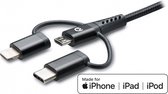 Mobilize Nylon Kabel 3in1 USB-A naar Micro USB, USB-C, Apple MFI Lightning 1.5 meter Zwart