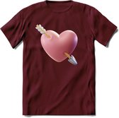 Valentijn Hart met pijl T-Shirt | Grappig Valentijnsdag Cadeautje voor Hem en Haar | Dames - Heren - Unisex | Kleding Cadeau | - Burgundy - M