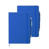 Set van 2x stuks luxe schriften/notitieboekje blauw met elastiek en pen A5 formaat - 100x gelinieerde paginas - opschrijfboekjes