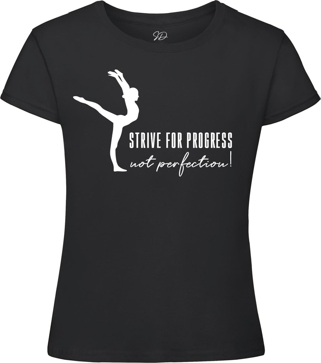 Sparkle&Dream - T-Shirt \'Strive for Progress\' Zwart - Maat S - voor Turnen en Gymnastiek