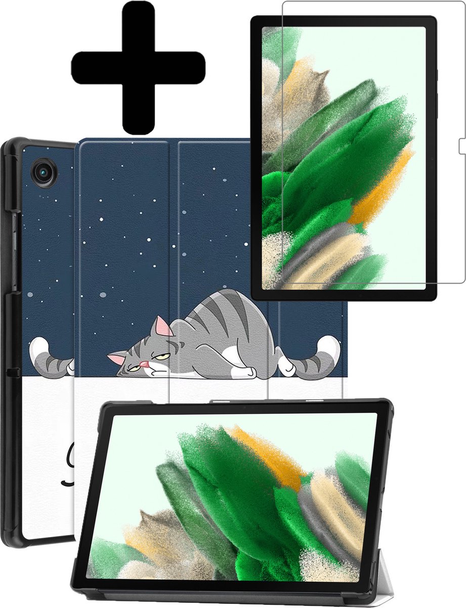 Hoes Geschikt voor Samsung Galaxy Tab A8 Hoes Luxe Hoesje Book Case Met Screenprotector - Hoesje Geschikt voor Samsung Tab A8 Hoes Cover - Kat