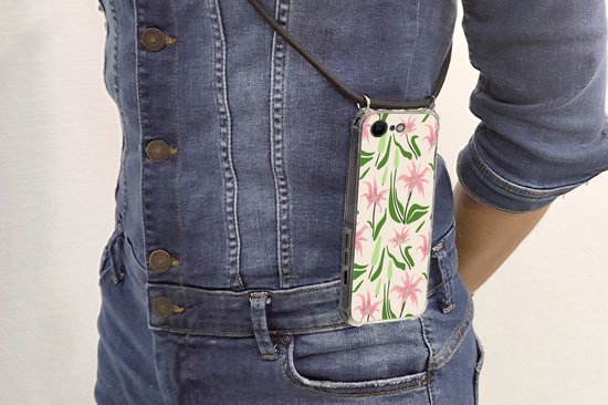 Coque avec cordon iPhone SE 2020 - Bloem - Rose - Feuille - Siliconen - Bandoulière - Coque arrière avec cordon - Coque pour téléphone avec cordon - Coque avec corde