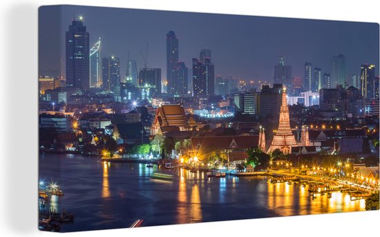 Canvas Schilderij Skyline van Bangkok met de Wat Pho - 40x20 cm - Wanddecoratie