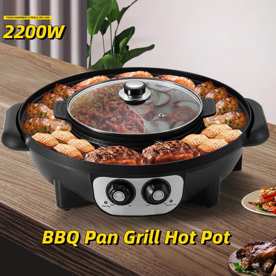 Rajorlo®-Grille de BBQ électrique Hot Pot-2 en 1 -2200W-Pot Séparation  antiadhésif