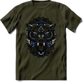 Wolf - Dieren Mandala T-Shirt | Donkerblauw | Grappig Verjaardag Zentangle Dierenkop Cadeau Shirt | Dames - Heren - Unisex | Wildlife Tshirt Kleding Kado | - Leger Groen - L