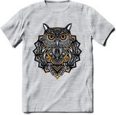 Uil - Dieren Mandala T-Shirt | Geel | Grappig Verjaardag Zentangle Dierenkop Cadeau Shirt | Dames - Heren - Unisex | Wildlife Tshirt Kleding Kado | - Licht Grijs - Gemaleerd - L
