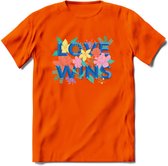 Love Wins | Pride T-Shirt | Grappig LHBTIQ+ / LGBTQ / Gay / Homo / Lesbi Cadeau Shirt | Dames - Heren - Unisex | Tshirt Kleding Kado | - Oranje - XL