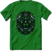 Leeuw - Dieren Mandala T-Shirt | Blauw | Grappig Verjaardag Zentangle Dierenkop Cadeau Shirt | Dames - Heren - Unisex | Wildlife Tshirt Kleding Kado | - Donker Groen - 3XL