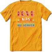 Love Has No Gnder | Pride T-Shirt | Grappig LHBTIQ+ / LGBTQ / Gay / Homo / Lesbi Cadeau Shirt | Dames - Heren - Unisex | Tshirt Kleding Kado | - Geel - M