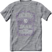 80 Jaar Legendarisch Gerijpt T-Shirt | Paars - Grijs | Grappig Verjaardag en Feest Cadeau Shirt | Dames - Heren - Unisex | Tshirt Kleding Kado | - Donker Grijs - Gemaleerd - L