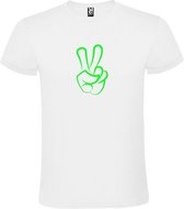 Wit  T shirt met  "Peace  / Vrede teken" print Neon Groen size M