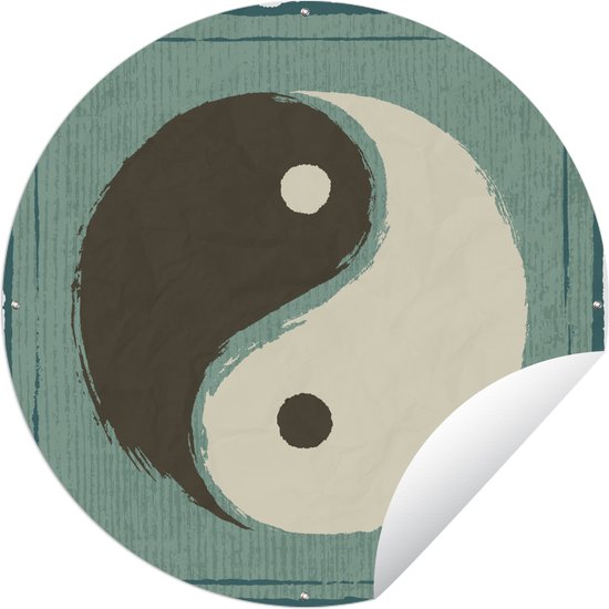Tuincirkel Een illustratie van Yin en Yang tegen een blauwe achtergrond - 60x60 cm - Ronde Tuinposter - Buiten