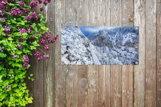 Affiche de jardin Train à travers le paysage hivernal de la Suisse - 80x40 cm - Décoration murale Outdoor - Affiche de jardin - Toile de jardin - Affiche de clôture - Peinture de jardin