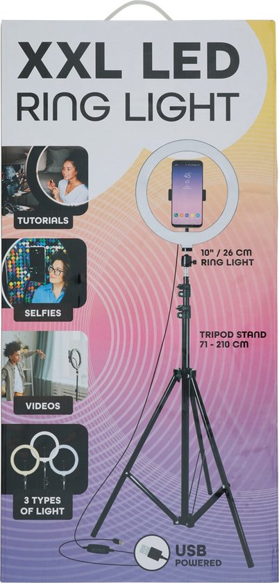 Pebish Regulatie huisvrouw XXL LED selfiering op statief 71 cm tot 210 cm met telefoon houder  tiktok-youtube-instagram- tutorials