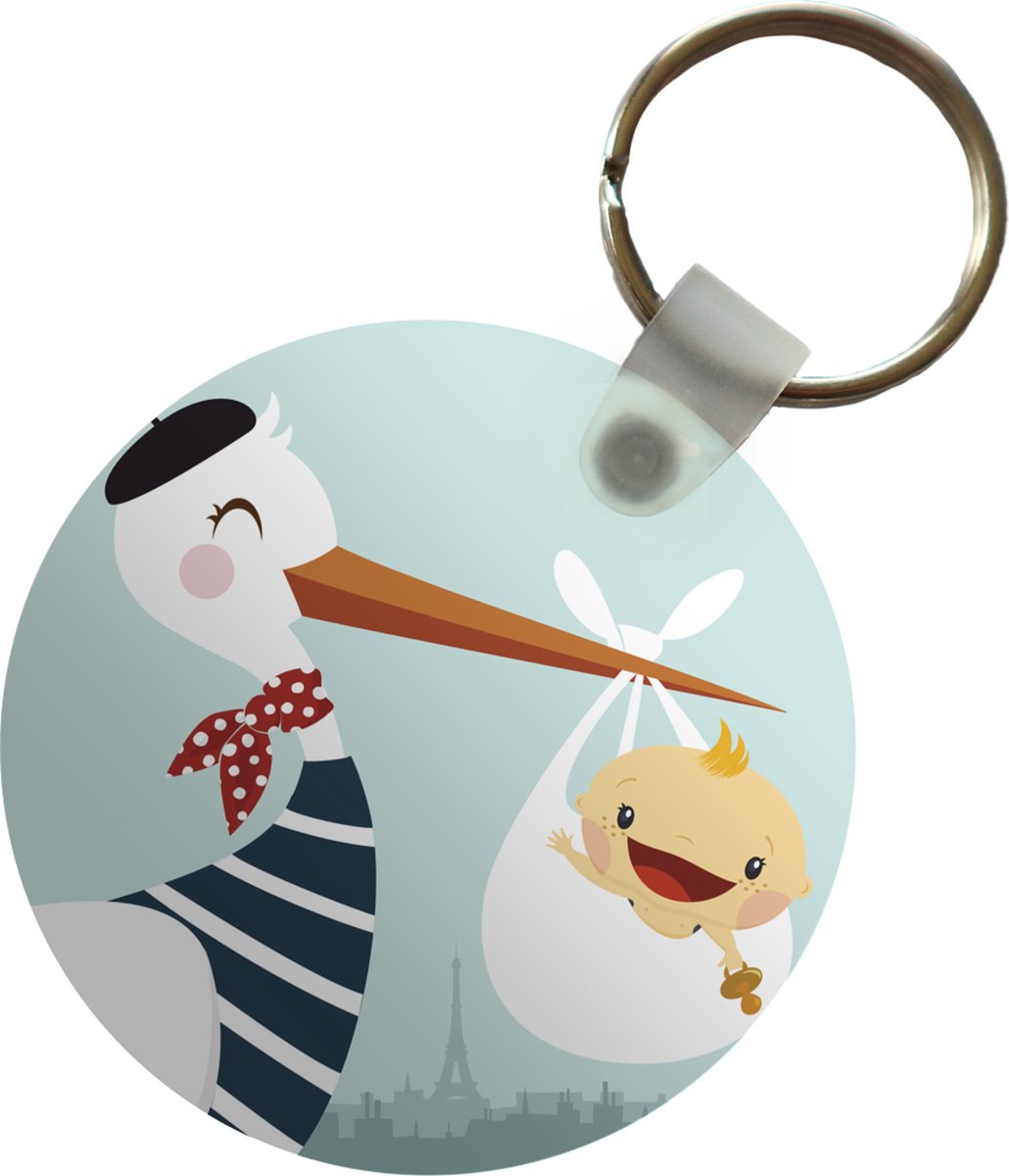 Sleutelhanger - Kinderillustratie van een Franse ooievaar met een baby - Plastic - Rond - Uitdeelcadeautjes