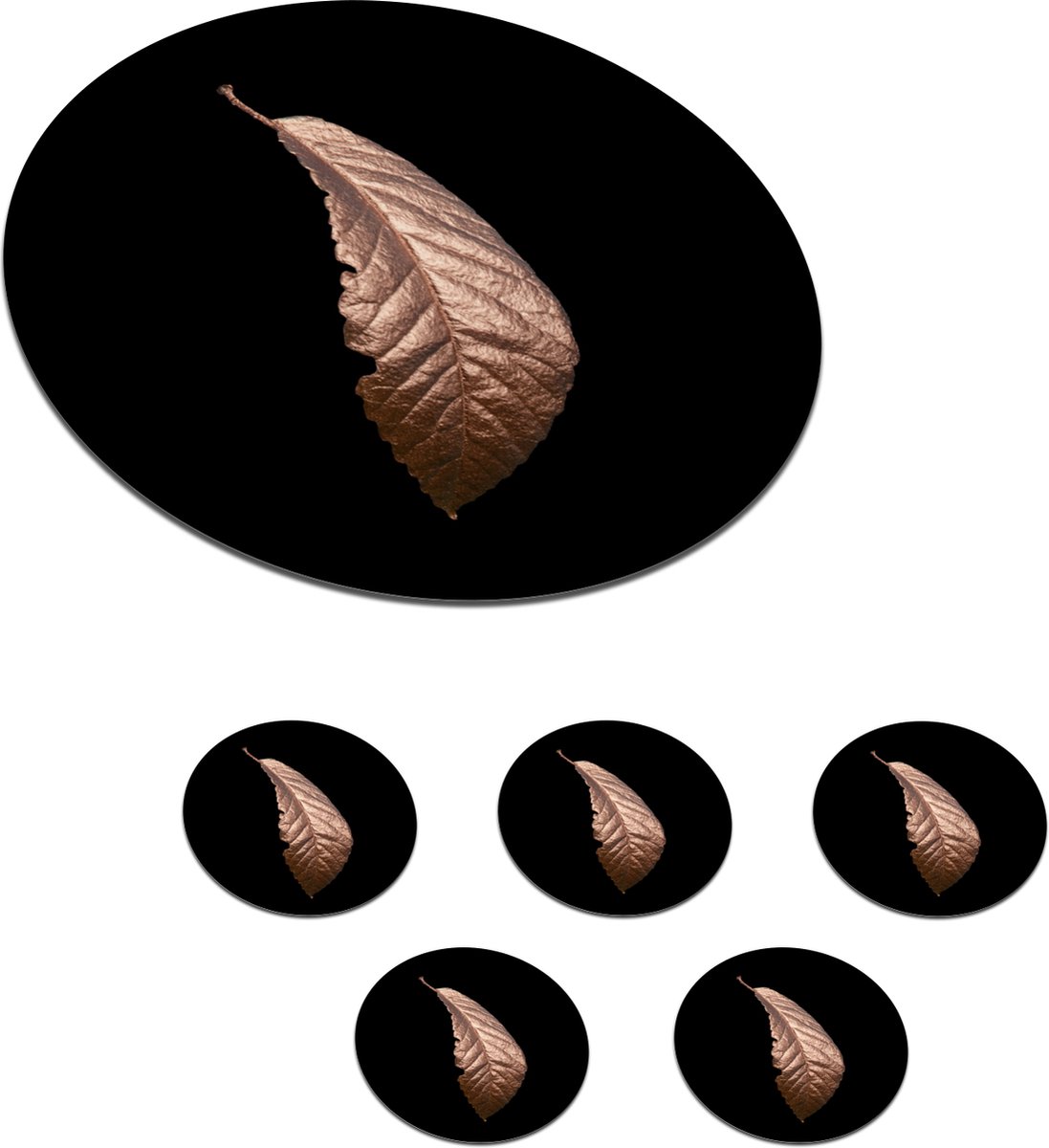 Onderzetters voor glazen - Rond - Goud - Blad - Roze - 10x10 cm - Glasonderzetters - 6 stuks