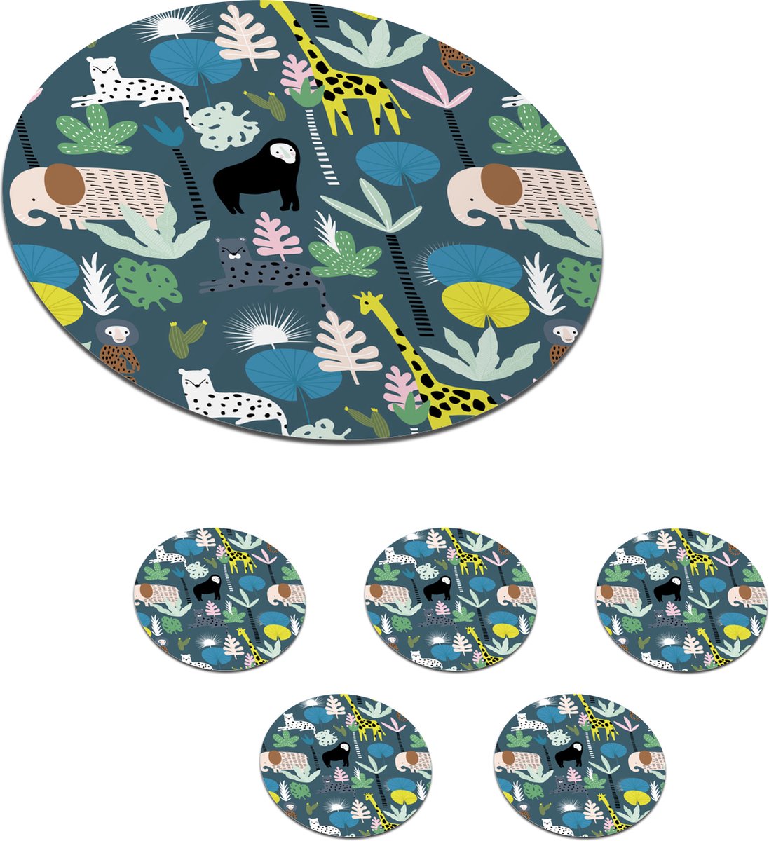 Onderzetters voor glazen - Rond - Jungle - Aap - Boom - 10x10 cm - Glasonderzetters - 6 stuks