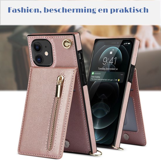 Rosegouden telefoonhoesje met rits, portemonnee en koord voor iPhone 12/12 Pro.